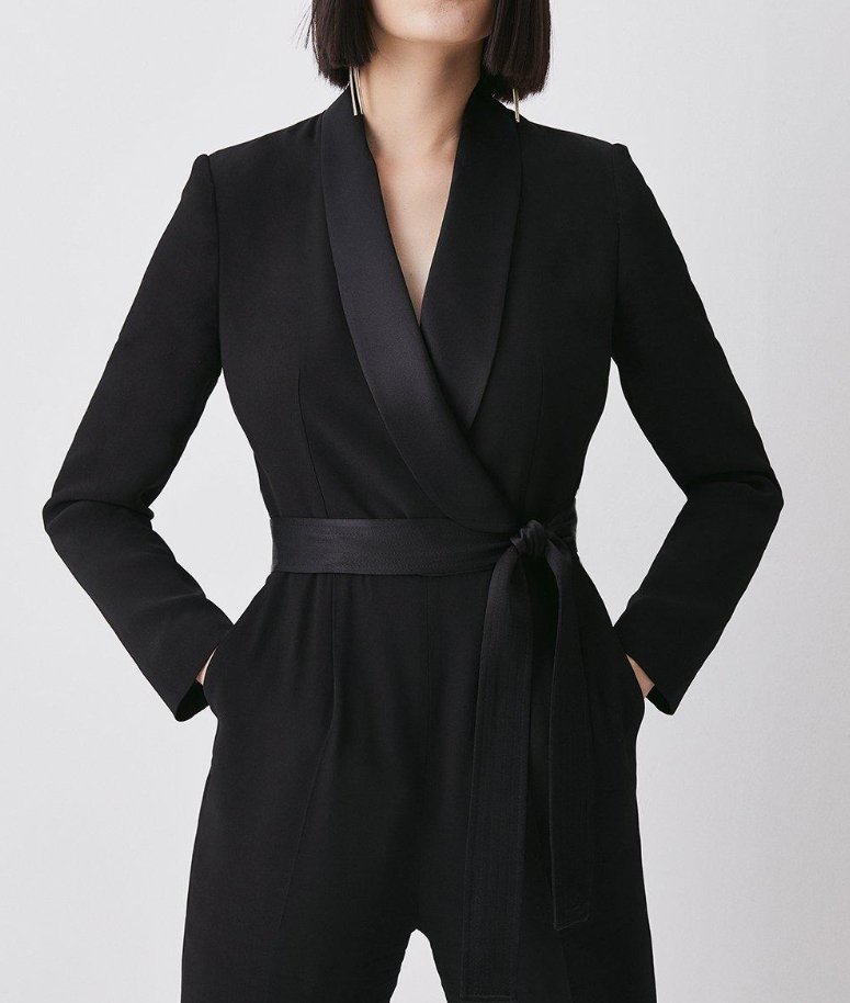Tailored Tuxedo Belted Wrap Jumpsuit