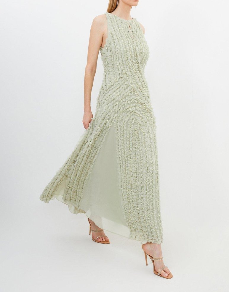Embellished Ruffle Keyhole Cutout Woven Maxi Dress